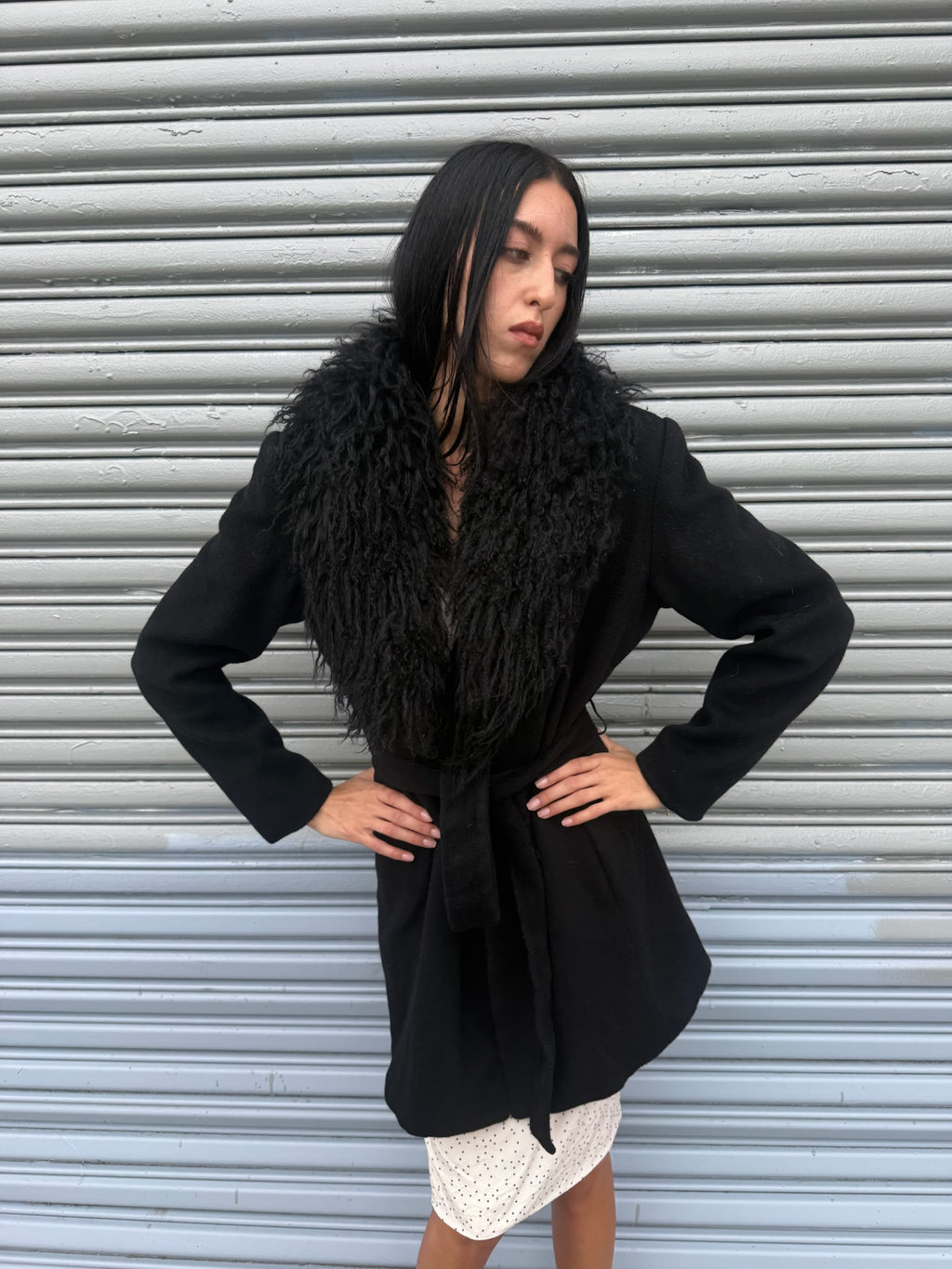 Vintage Wool Coat with Mongolian Fur Trim