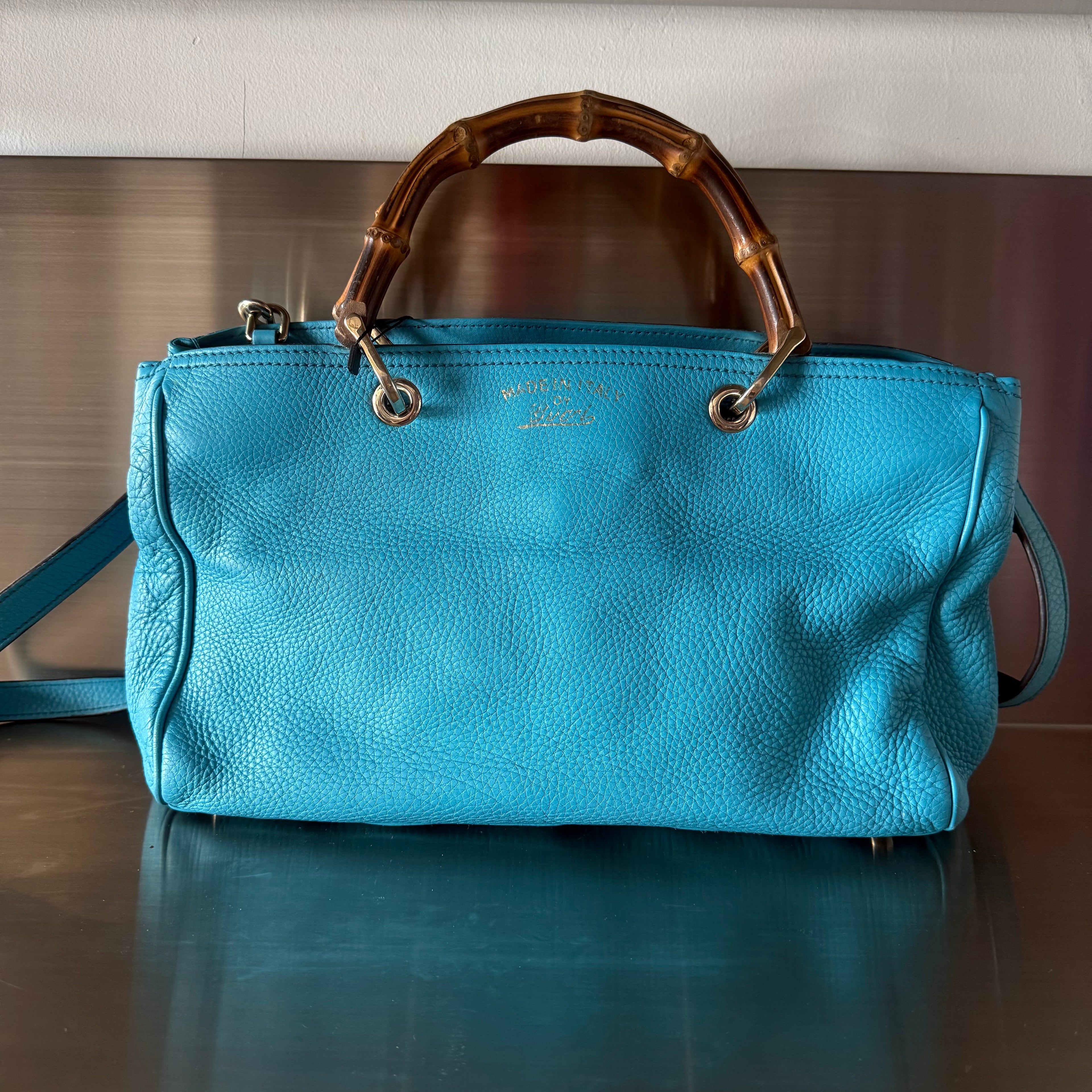 Gucci Blue Leather Bamboo Handle Bag