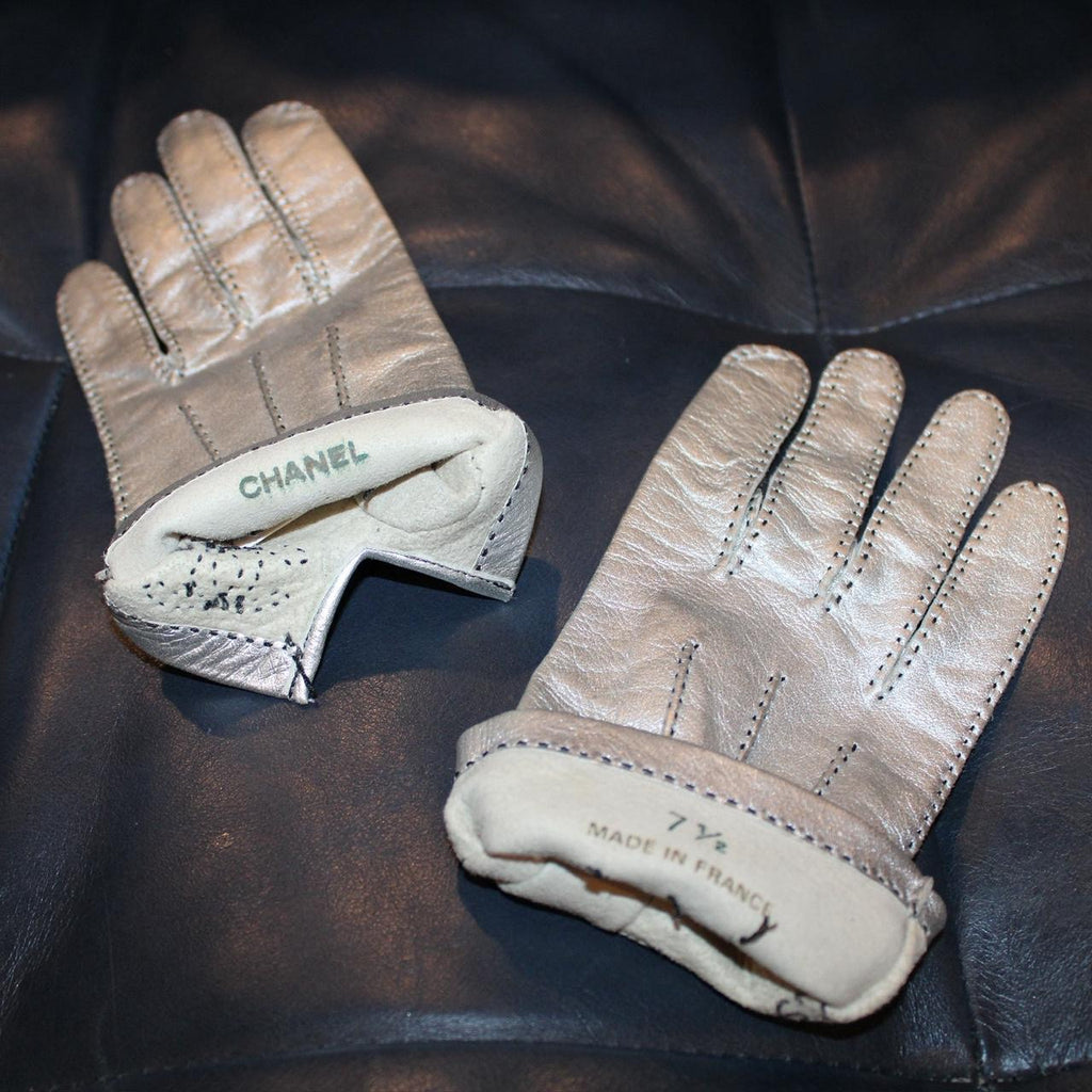 Vintage Leather Chanel Silver Gloves