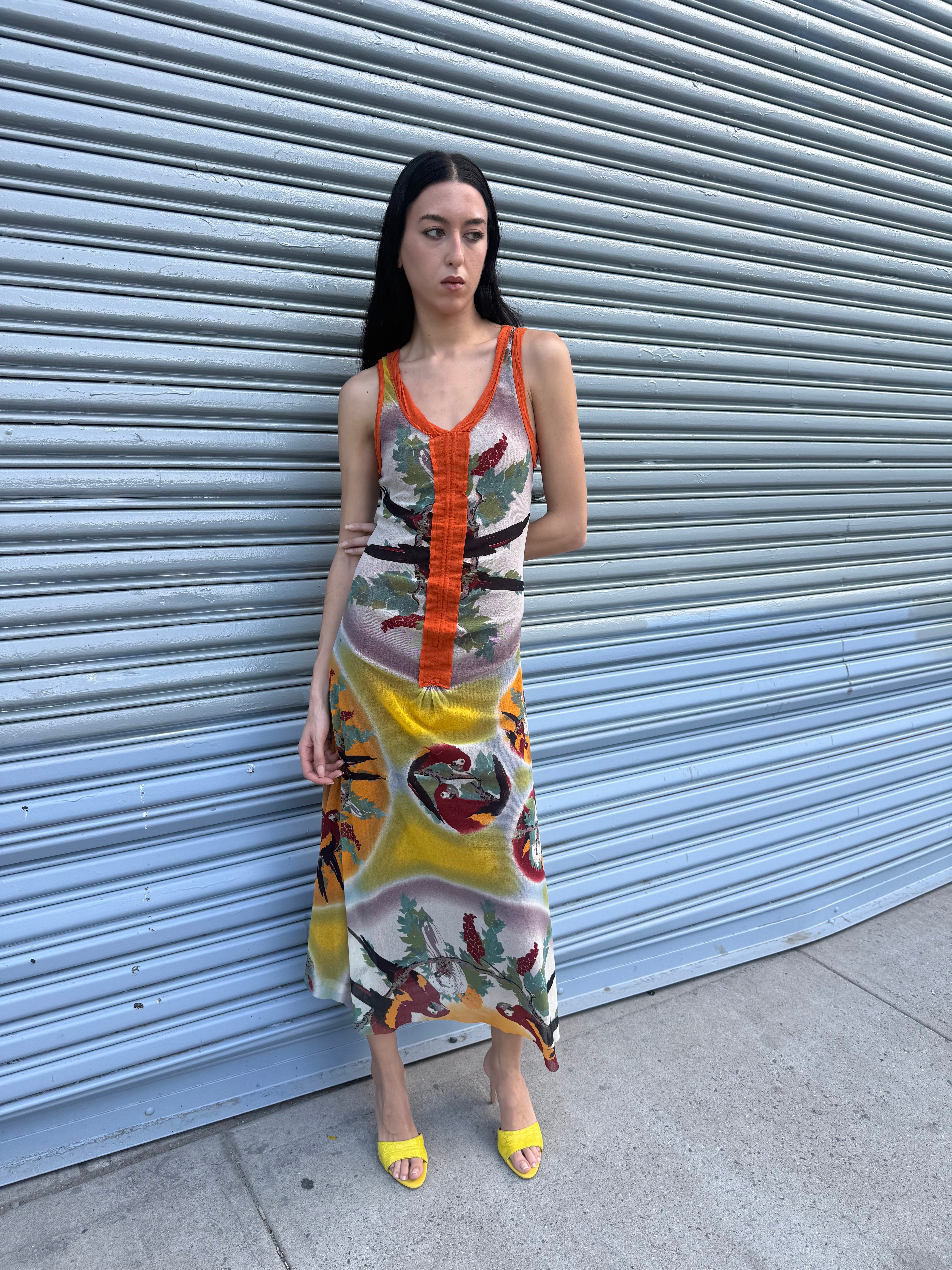 Jean Paul Gaultier Tropical Print Maxi Mesh Dress