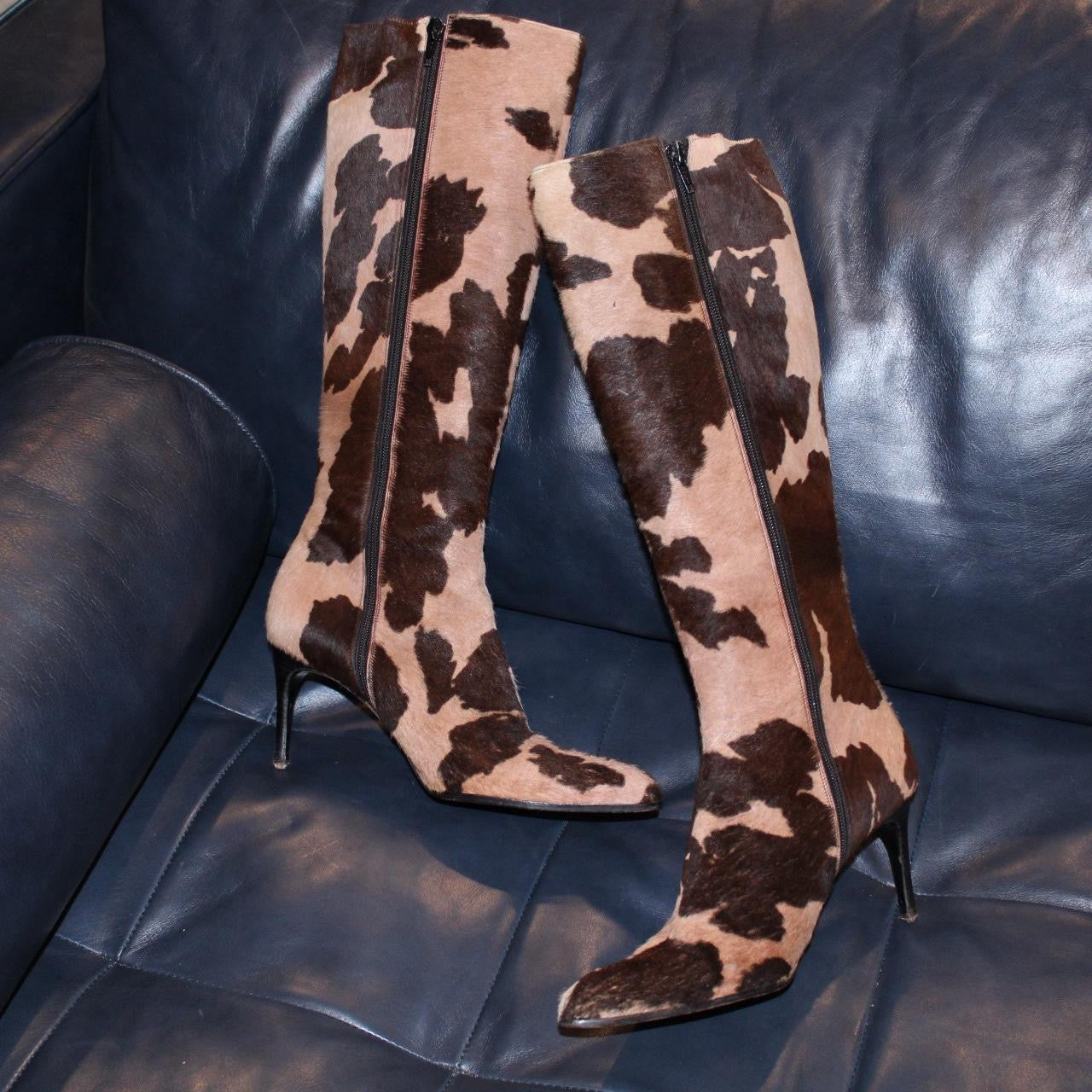 YSL Cowhide Pony Hair Knee High Boots