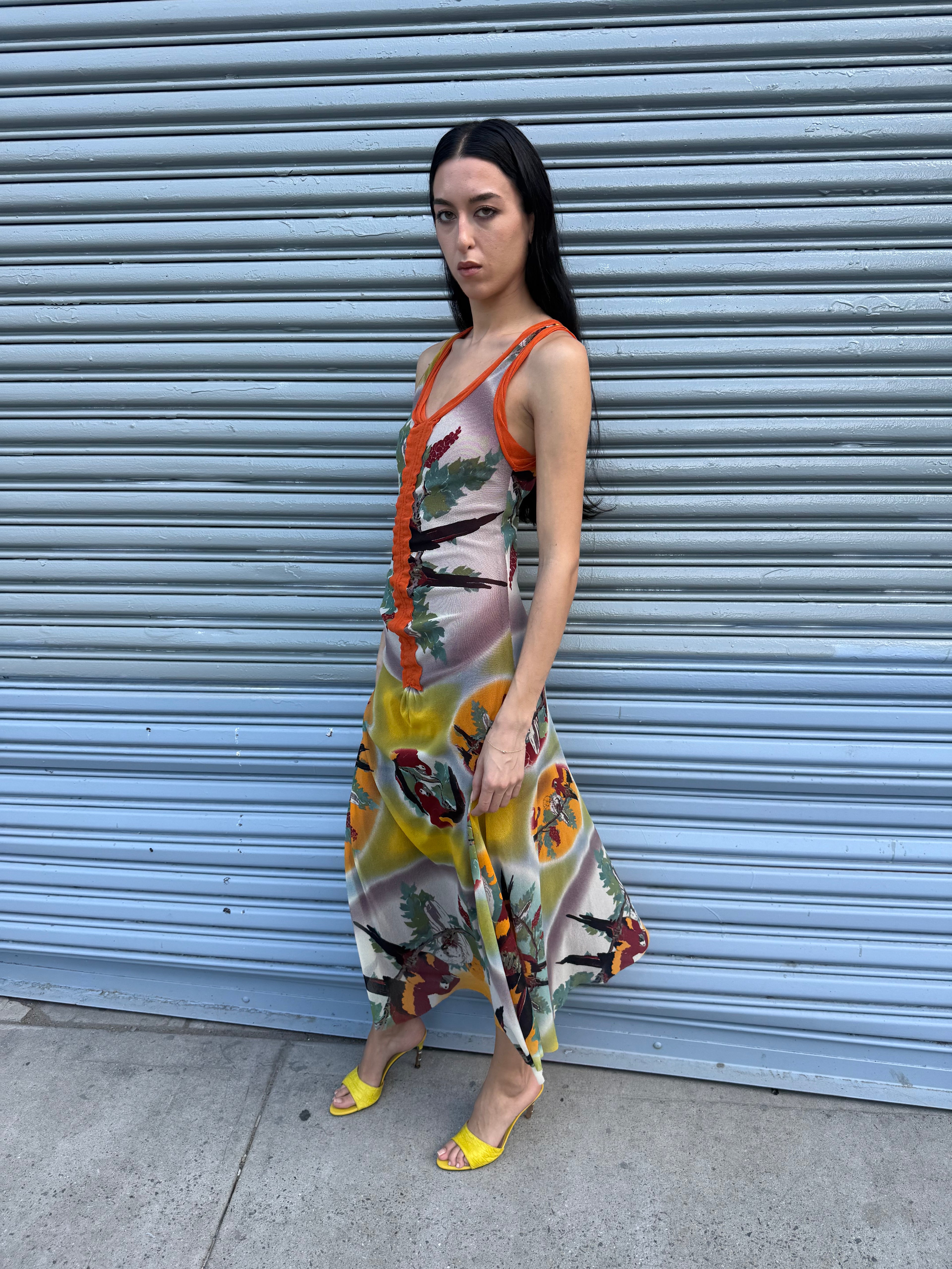 Jean Paul Gaultier Tropical Print Maxi Mesh Dress
