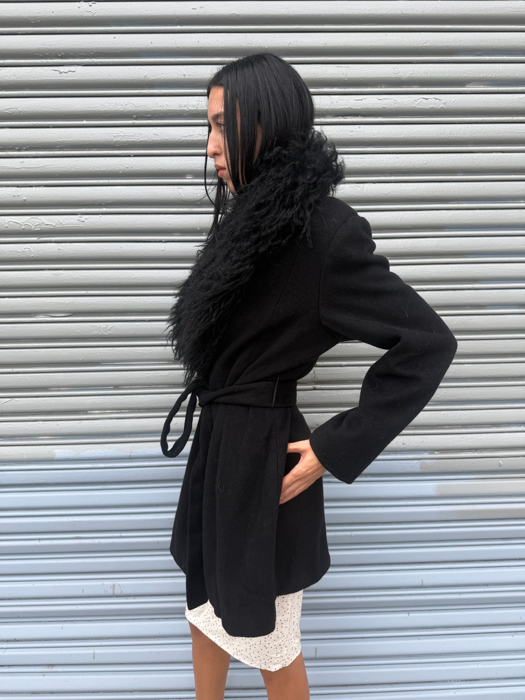 Vintage Wool Coat with Mongolian Fur Trim