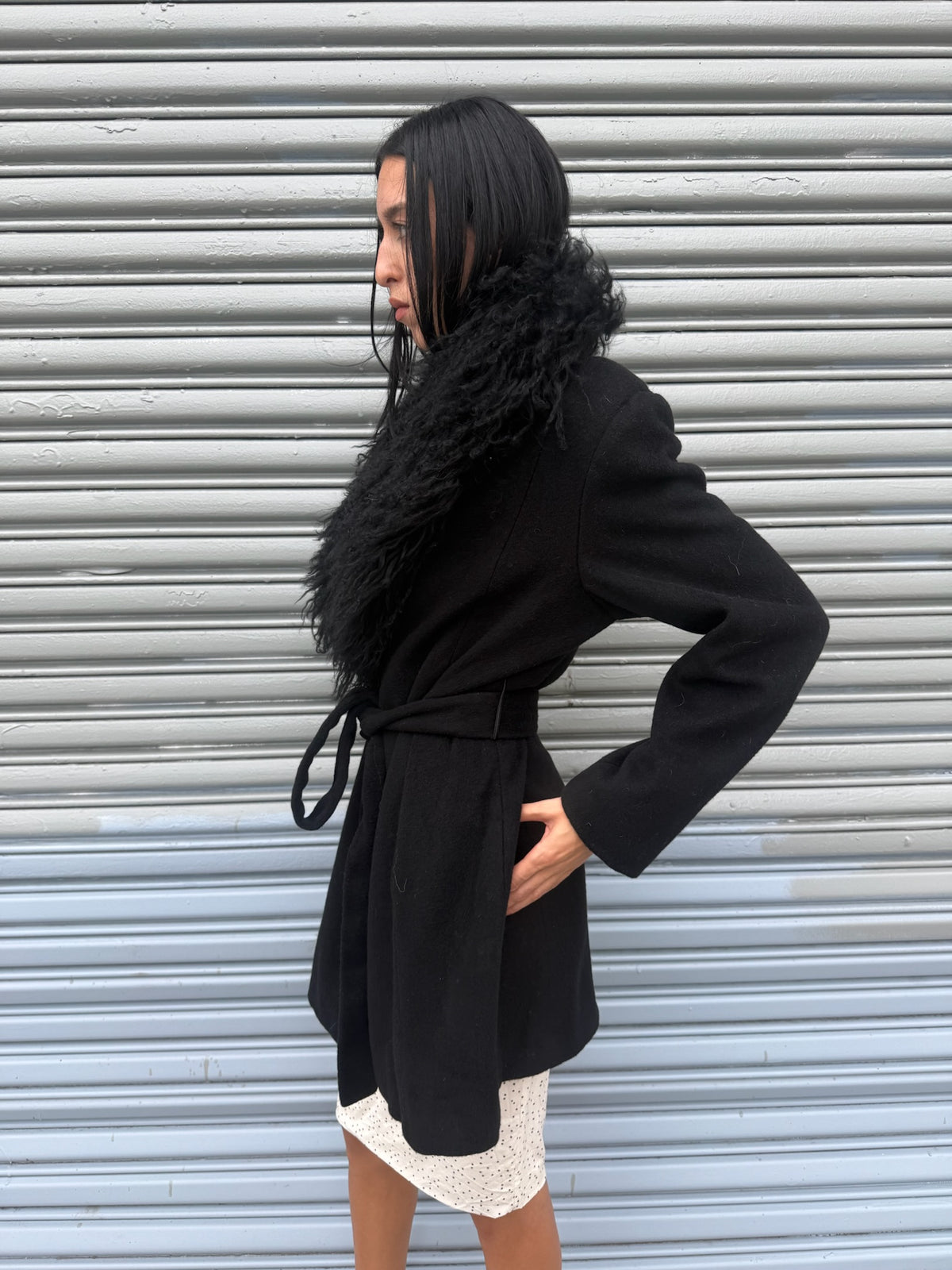 Vintage Wool Coat with Mongolian Fur Trim