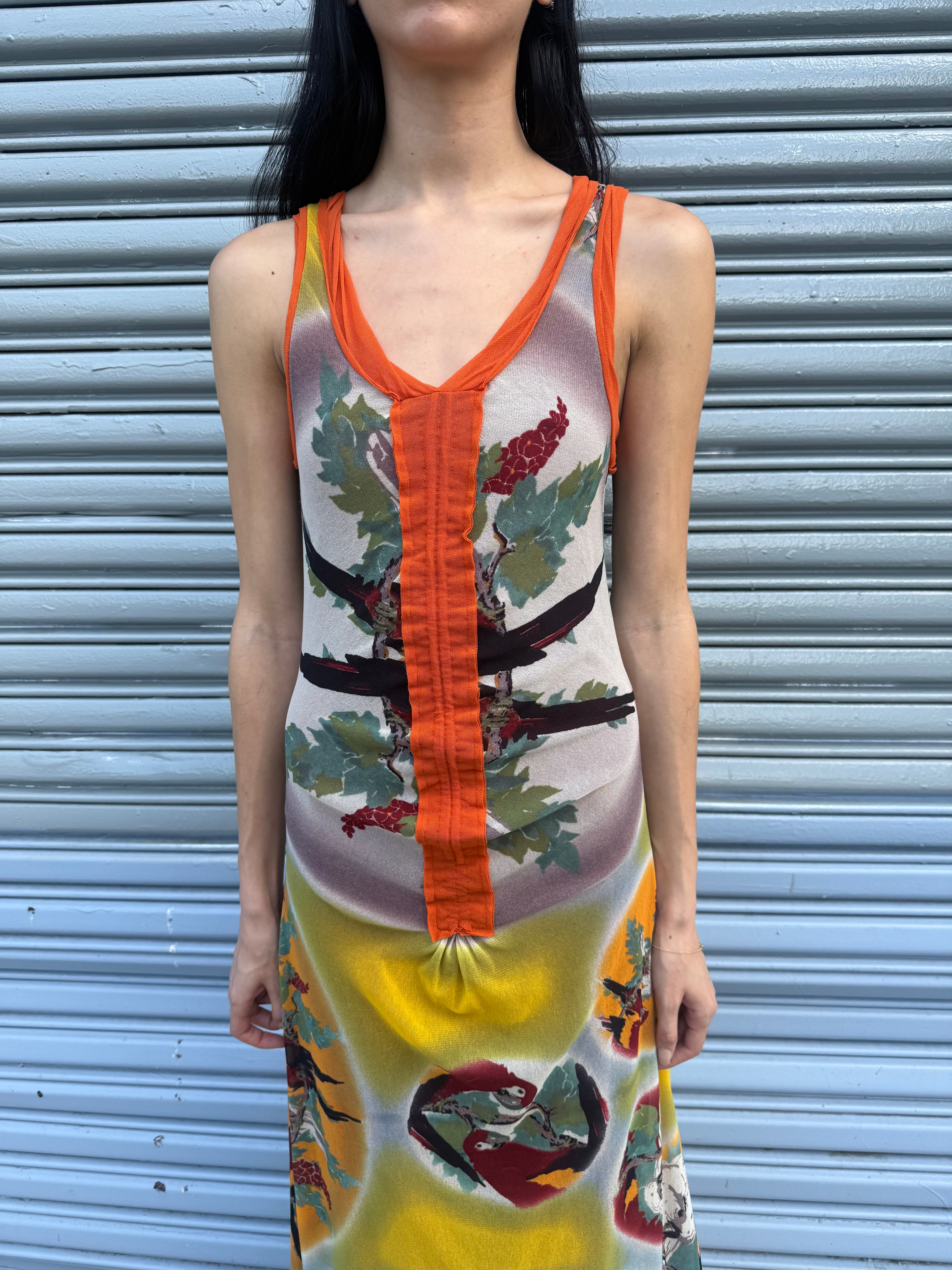 Jean Paul Gaultier Tropical Print Maxi Mesh Dress