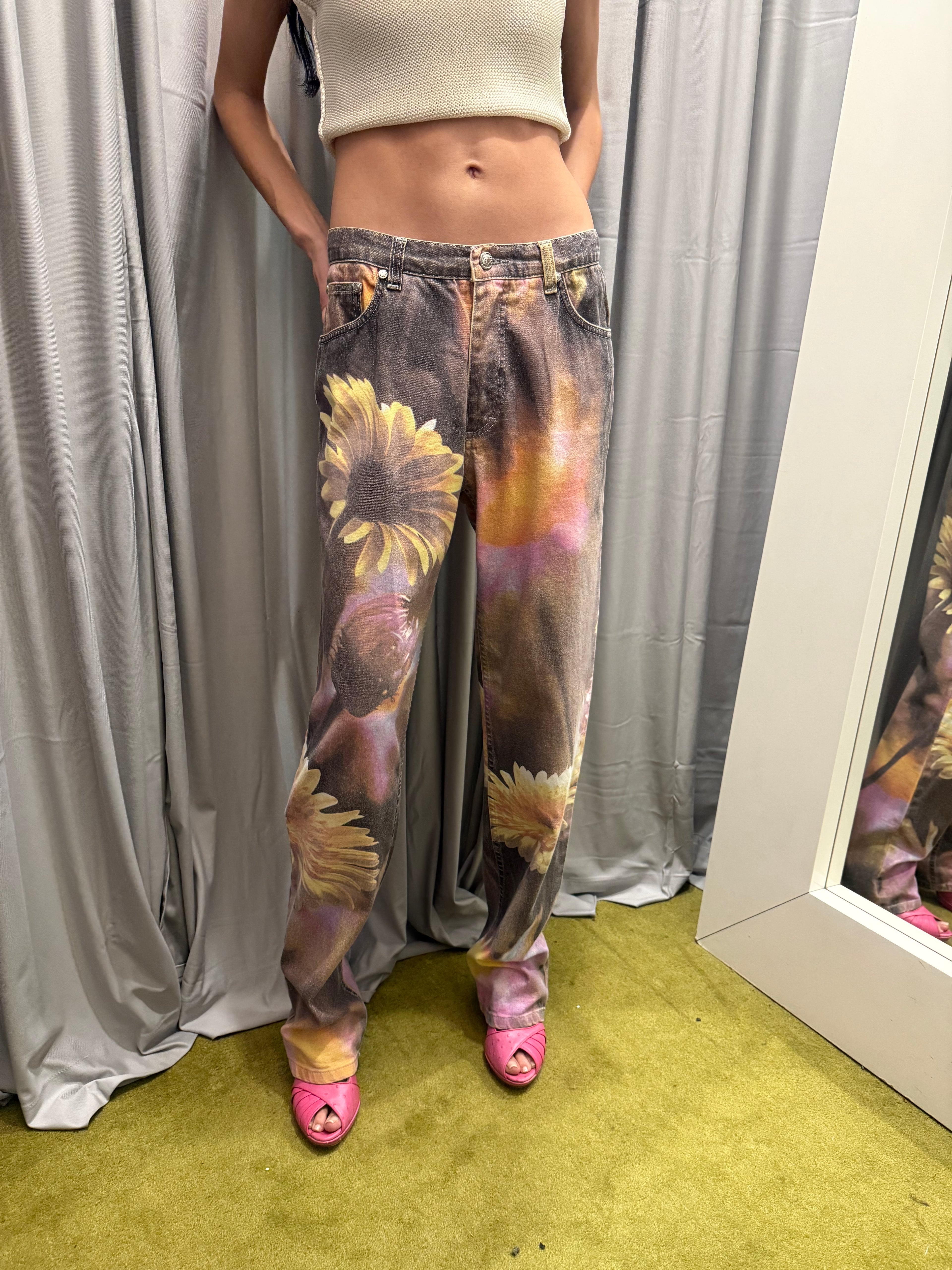 Roberto Cavalli Floral Printed Denim Pants