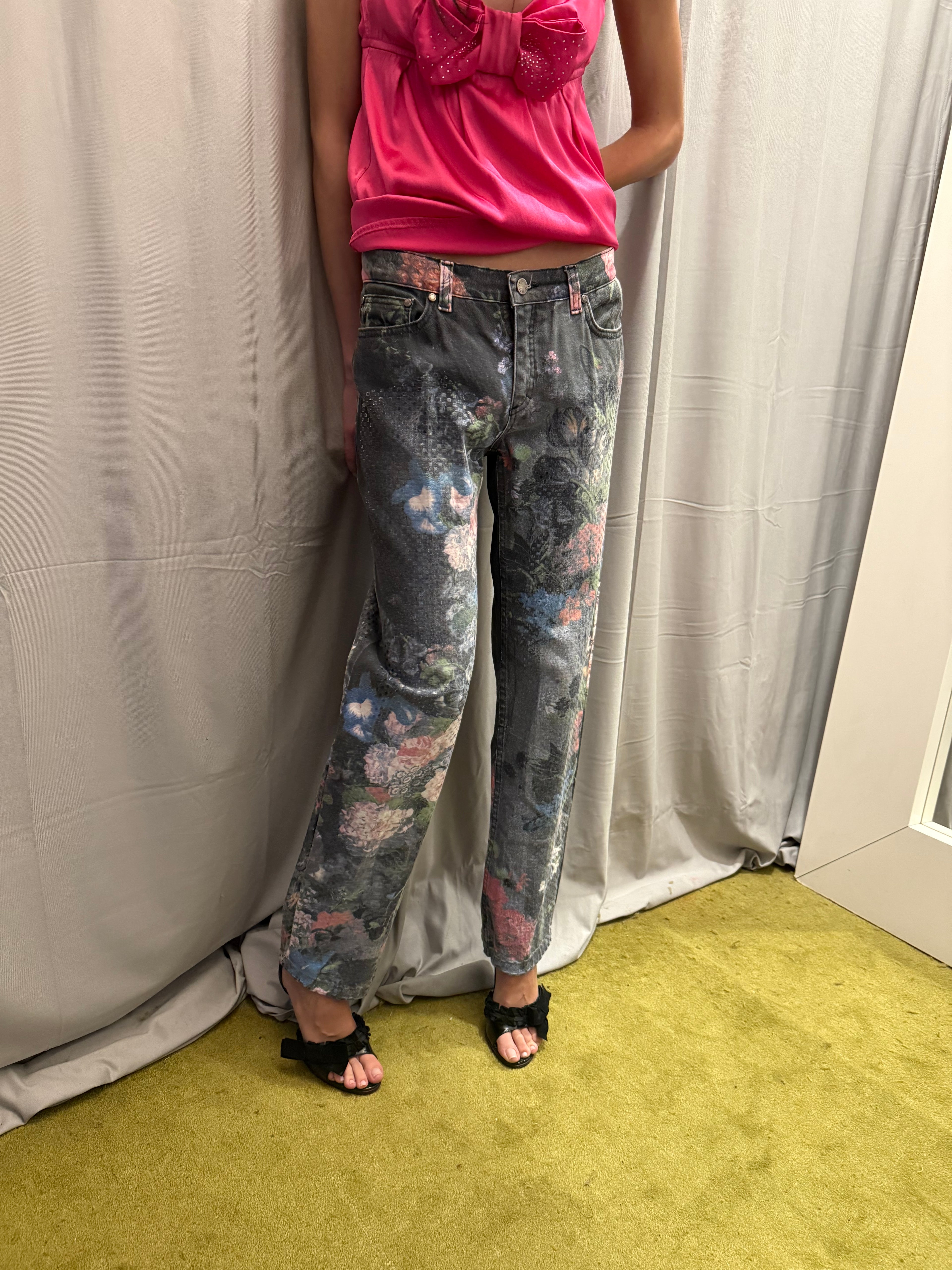 Roberto Cavalli 1994 Floral Printed Denim Pants