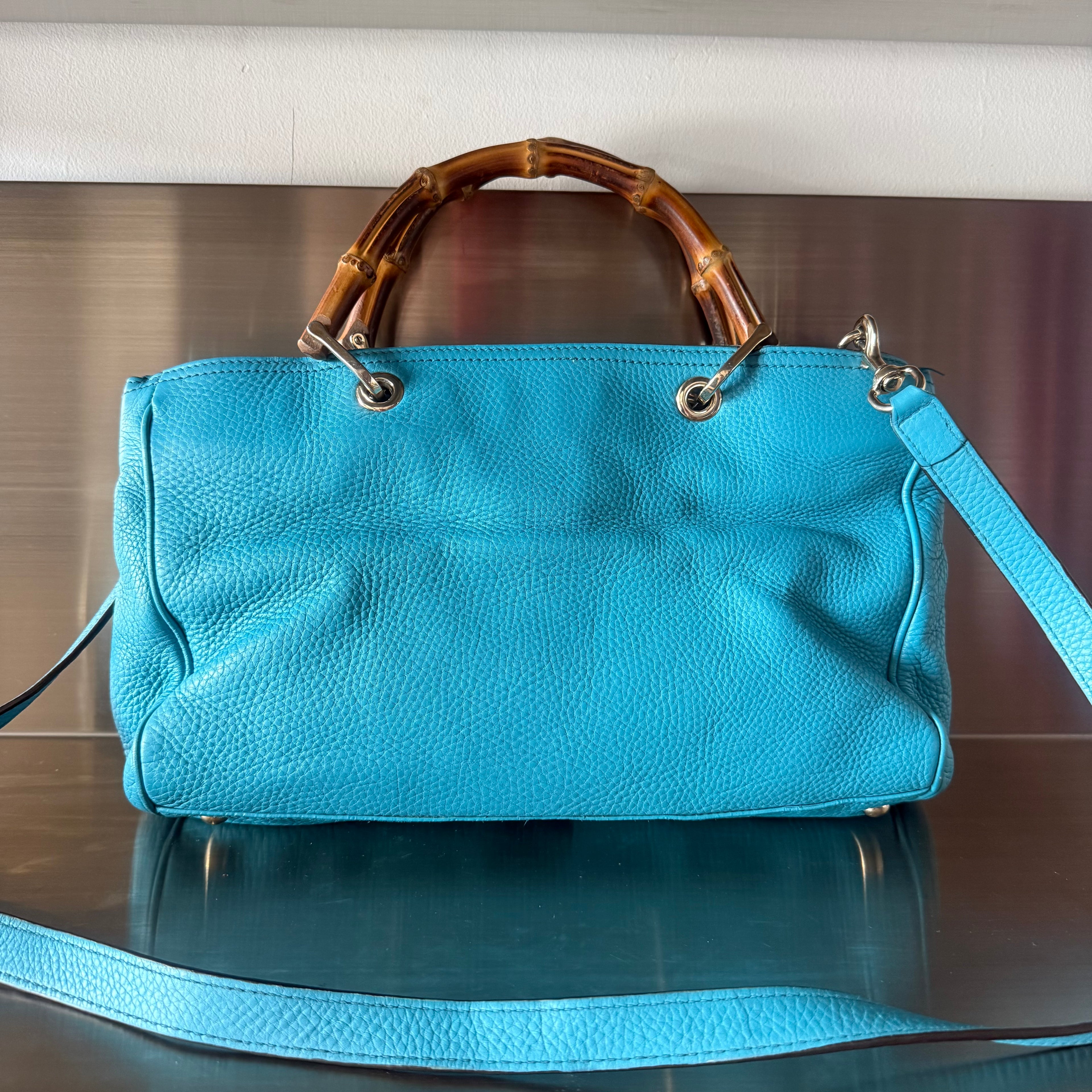 Gucci Blue Leather Bamboo Handle Bag