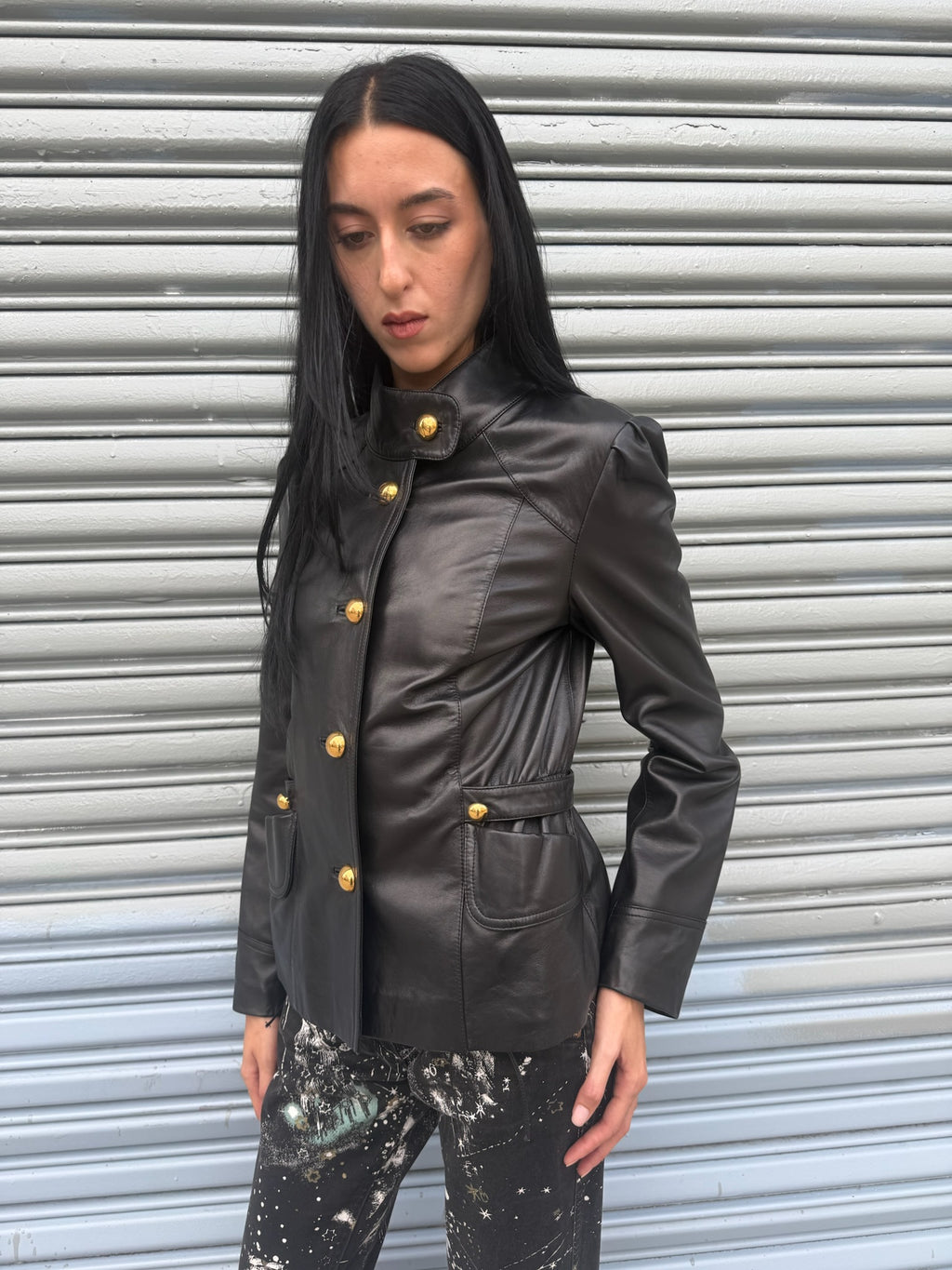 Lamb Leather Jacket with Gold Buttons