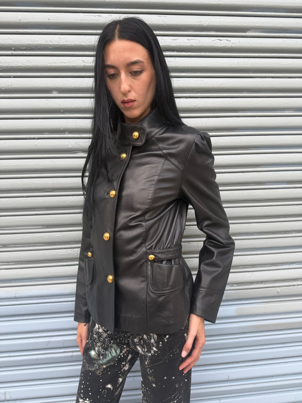 Lamb Leather Jacket with Gold Buttons