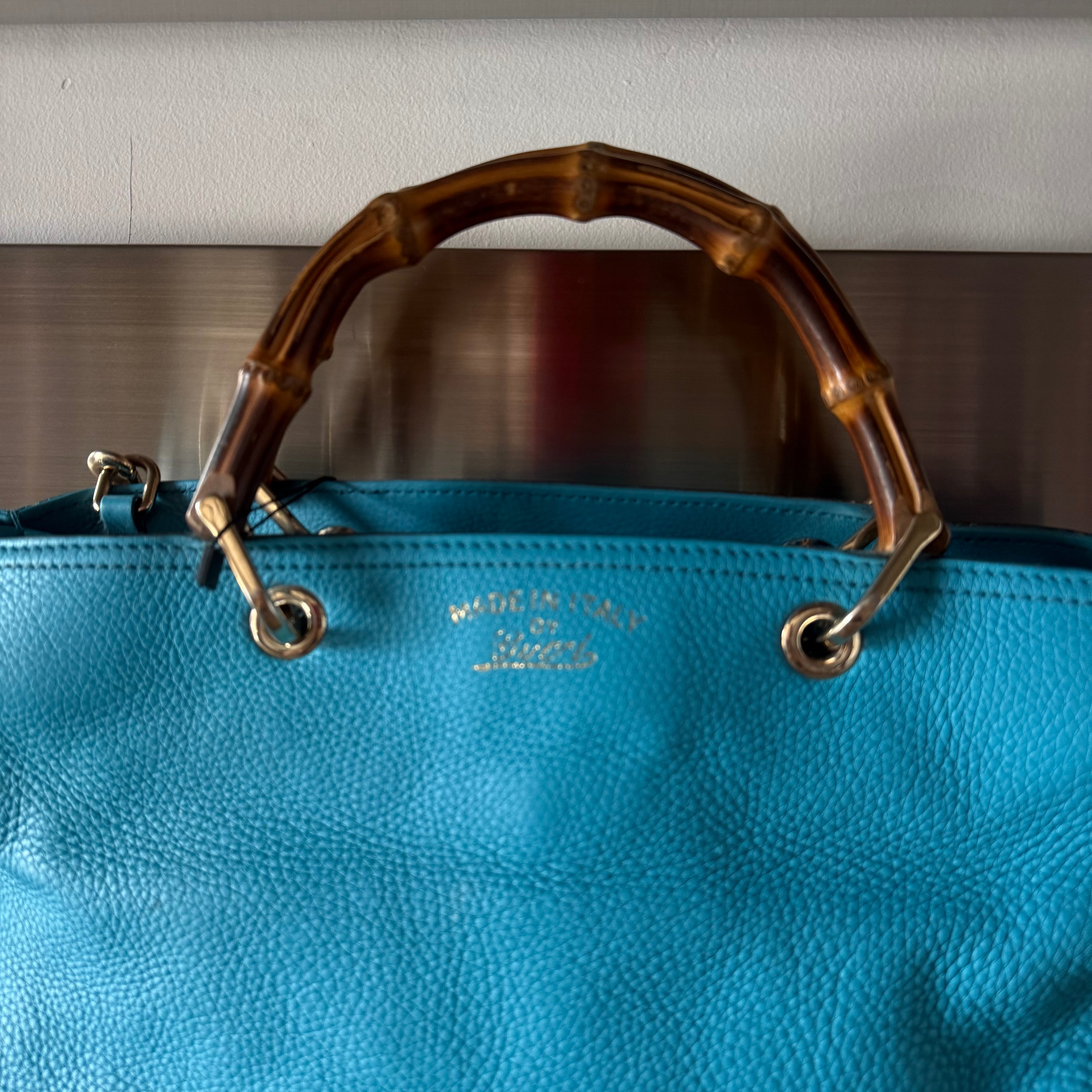 Gucci Blue Leather Bamboo Handle Bag