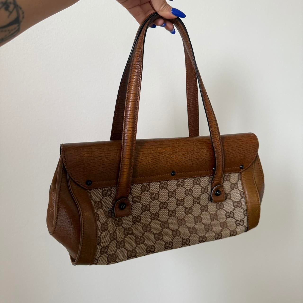 Vintage Gucci Bamboo Canvas Leather Shoulder Bag