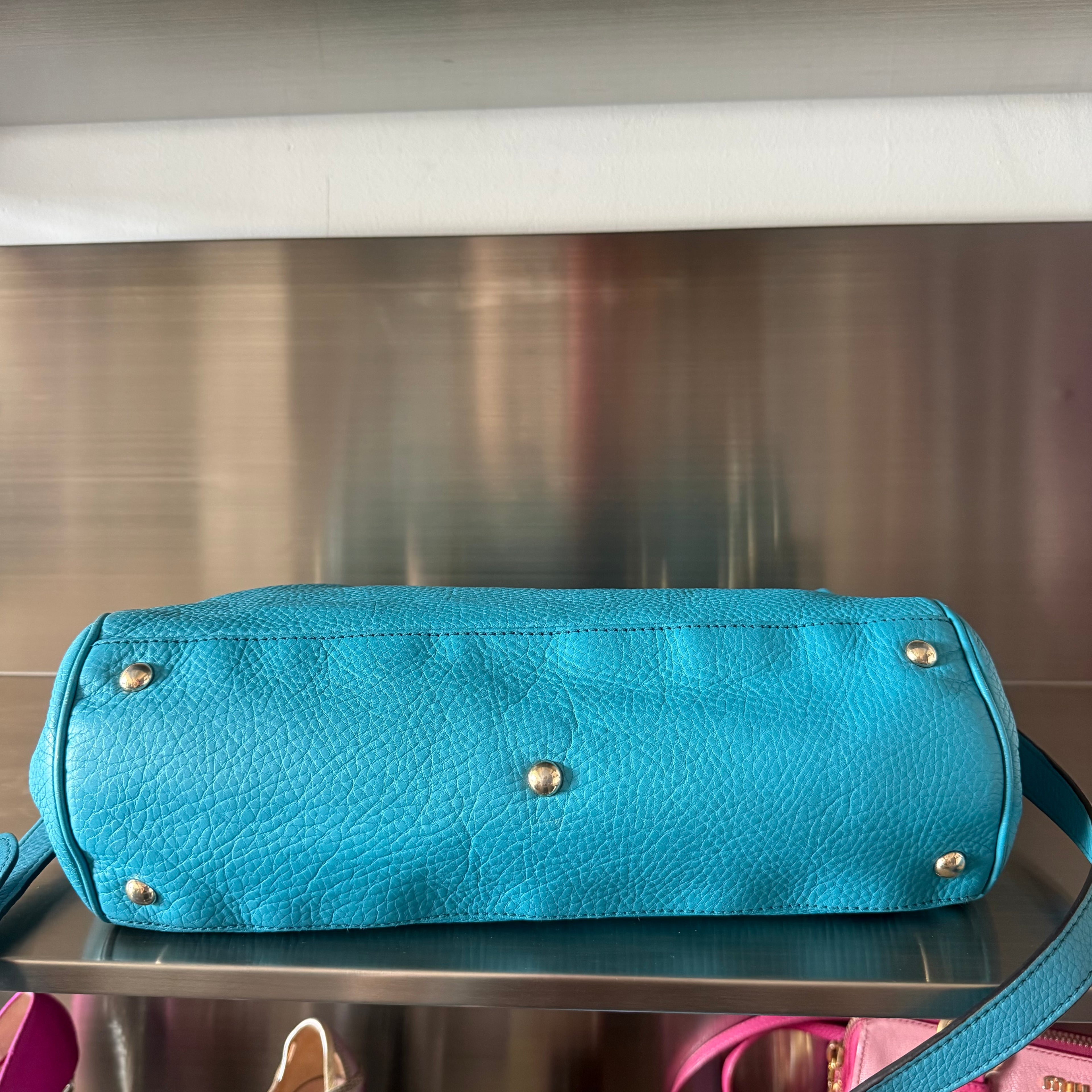 Gucci Blue Leather Bamboo Handle Bag