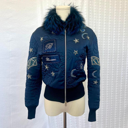 y2k Blumarine Embellished Silk Puffer Jacket with Fur Collar