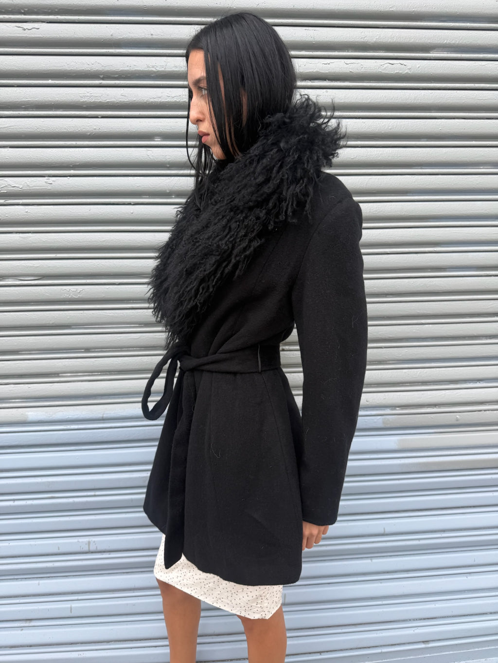 Vintage Wool Coat with Mongolian Fur Trim