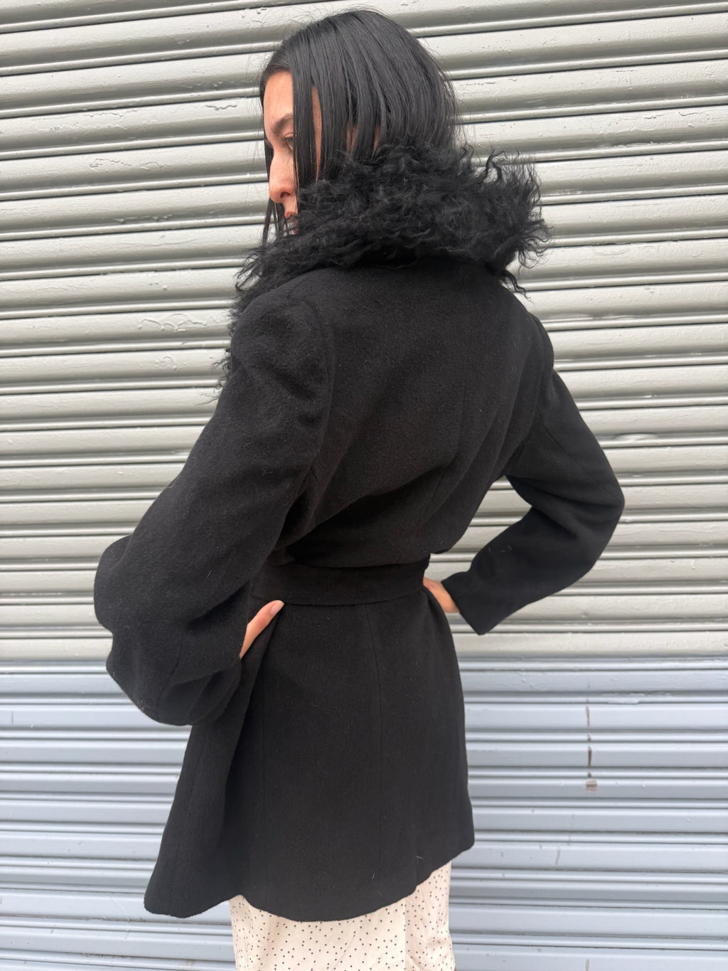Vintage Wool Coat with Mongolian Fur Trim