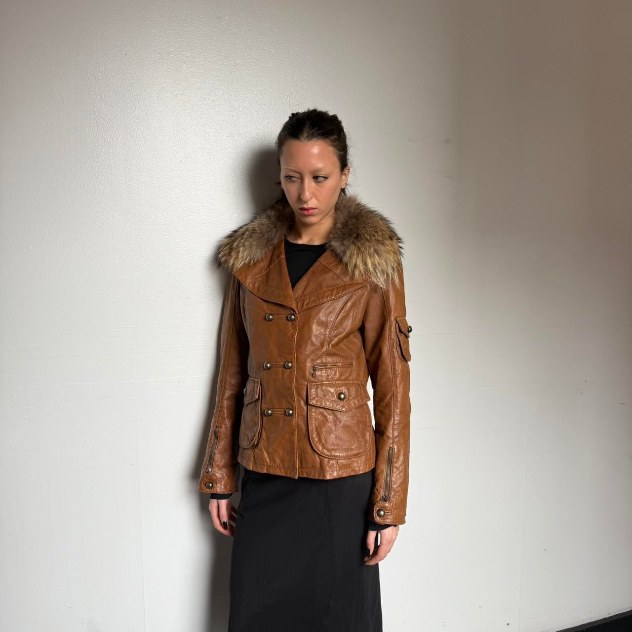 Italian vintage leather jacket with fur collar