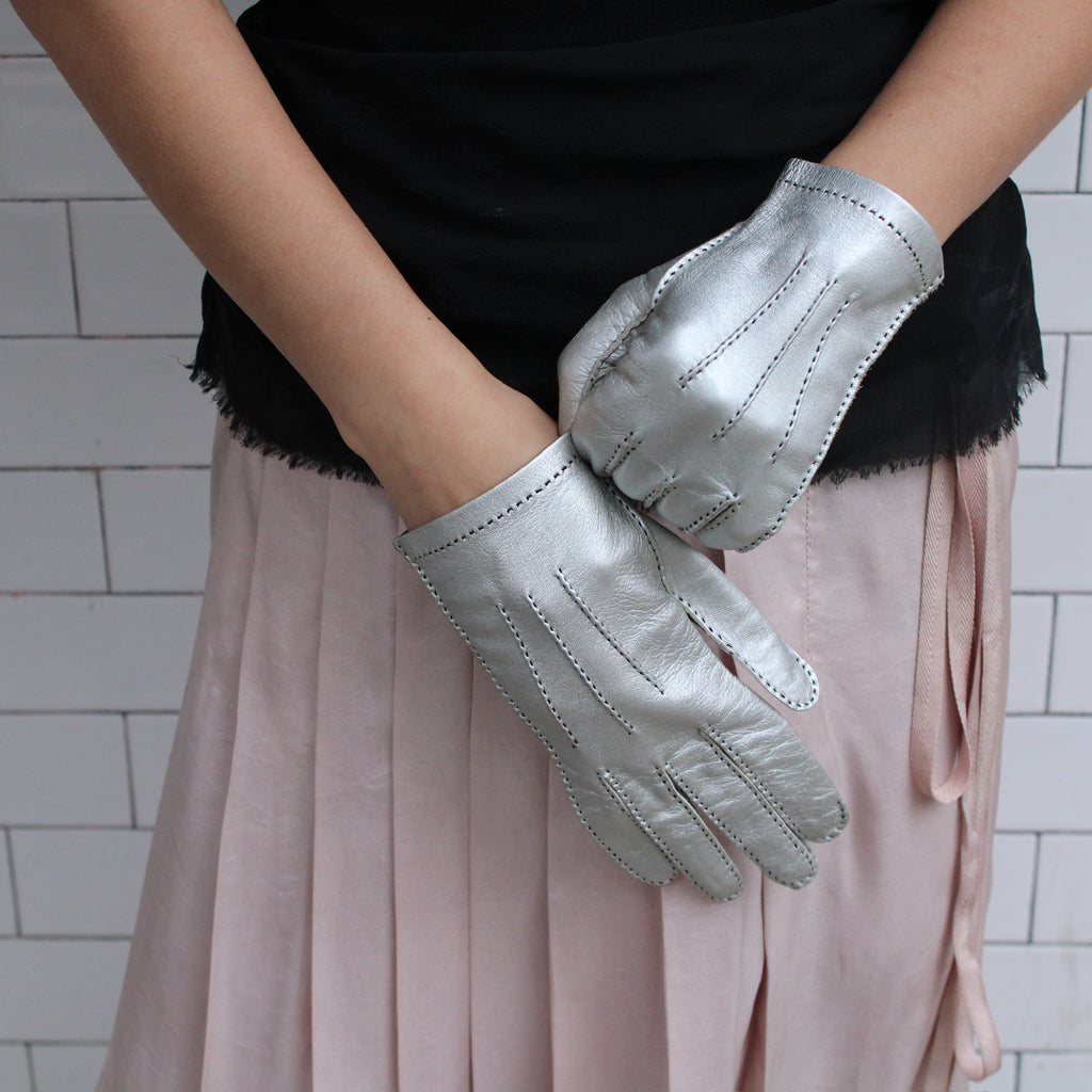 Vintage Leather Chanel Silver Gloves