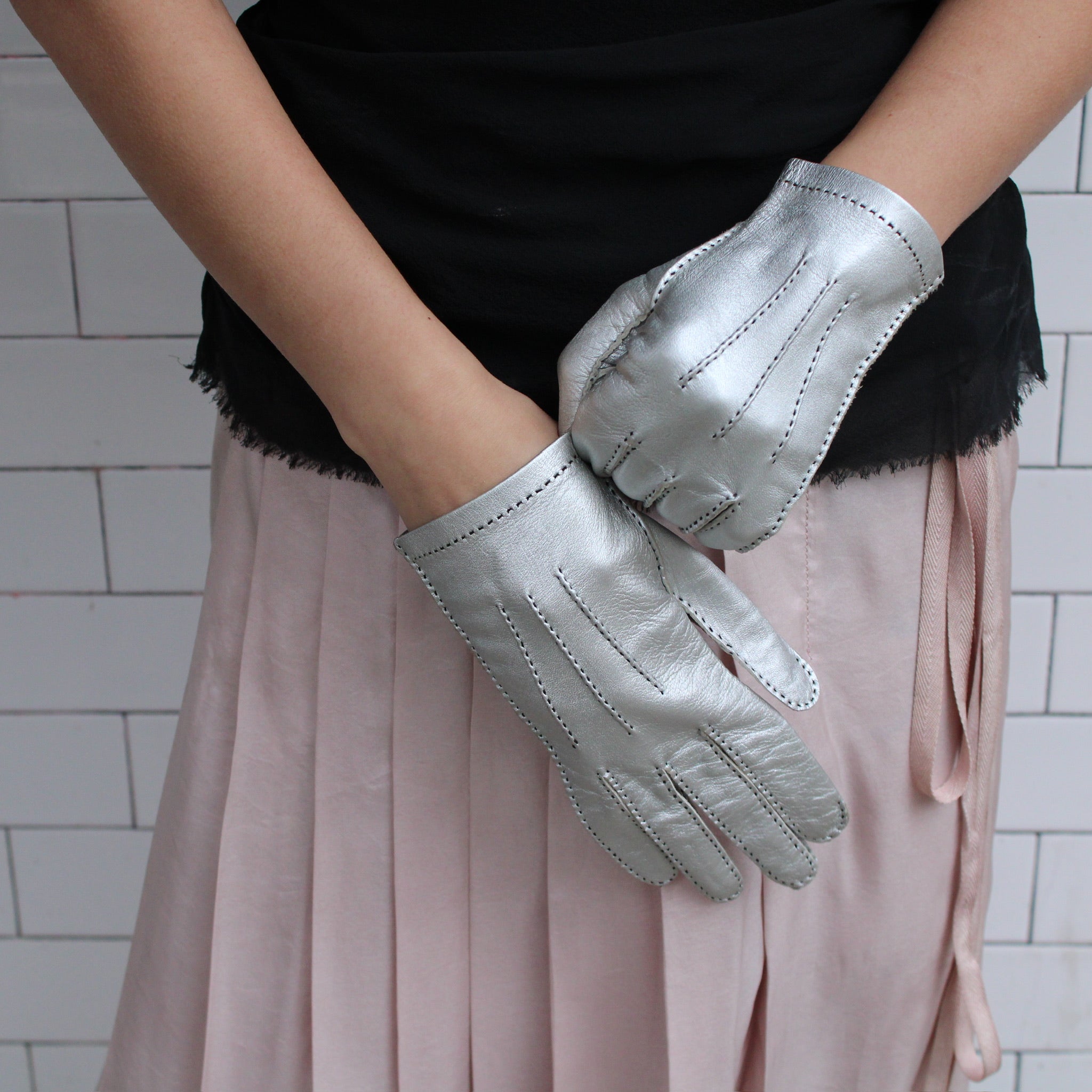 Vintage Leather Chanel Silver Gloves
