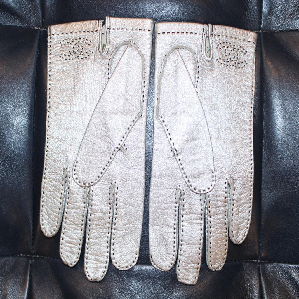 Vintage Leather Chanel Silver Gloves