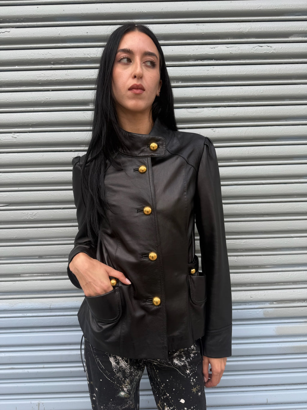 Lamb Leather Jacket with Gold Buttons