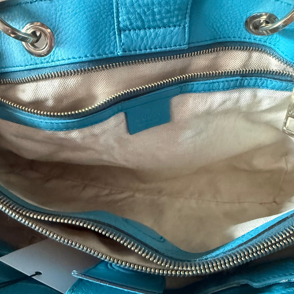 Gucci Blue Leather Bamboo Handle Bag