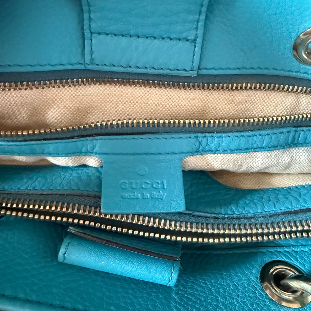 Gucci Blue Leather Bamboo Handle Bag