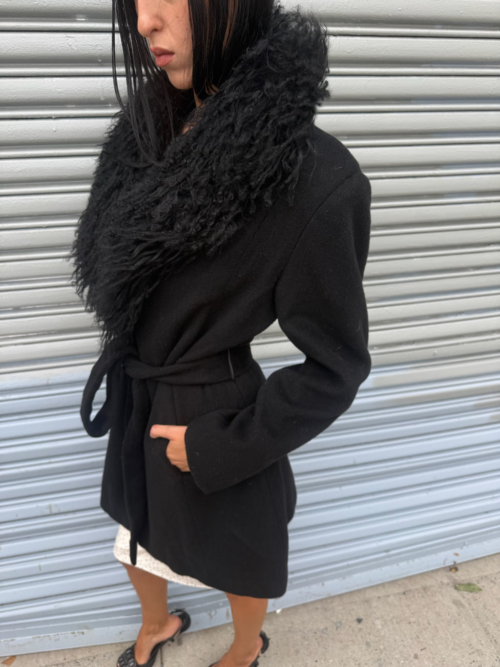 Vintage Wool Coat with Mongolian Fur Trim