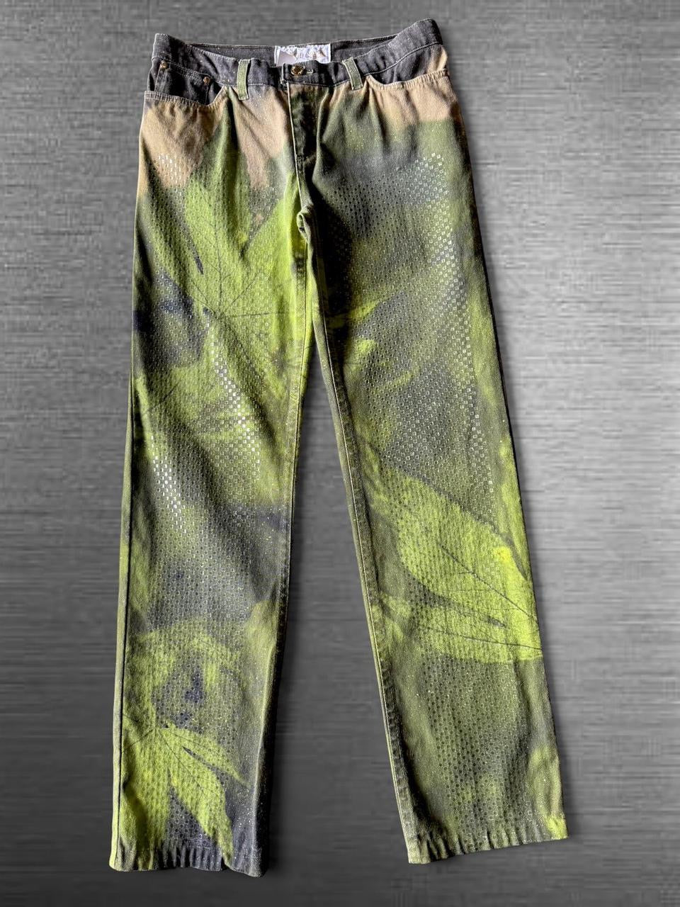 Roberto Cavalli 1999 Iconic Leaf Printed Denim Pants