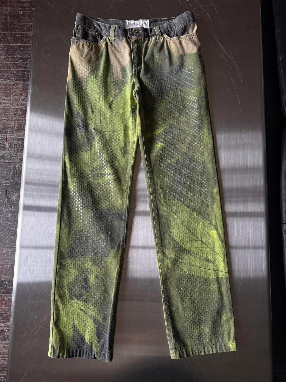 Roberto Cavalli 1999 Iconic Leaf Printed Denim Pants