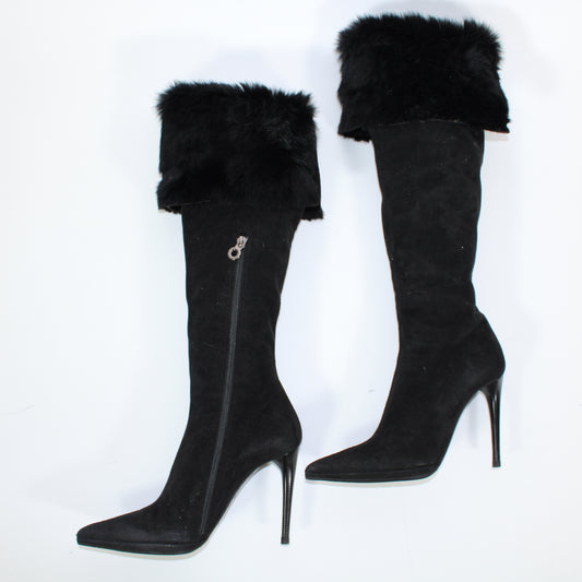 Le Silla Rabbit Fur Knee-High Boots Black