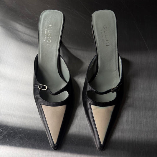 Gucci Black and Cream Leather Mules