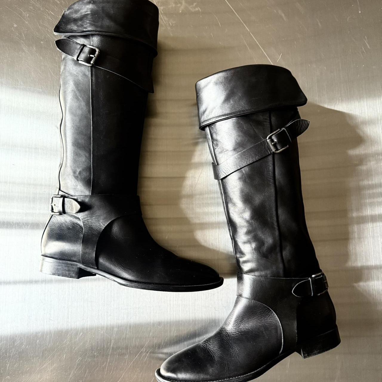 Italian Black Leather Knee-High Boots W/ Buckles