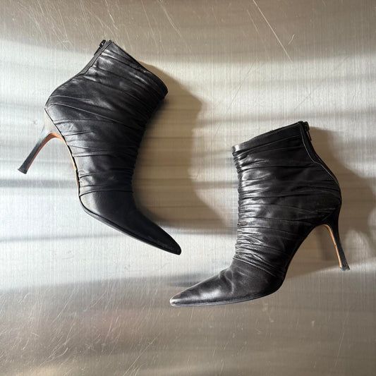Black Leather Manolo Blahnik Ankle Ruched Boots