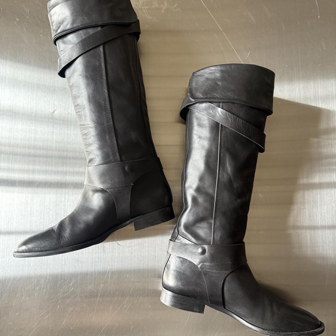 Italian Black Leather Knee-High Boots W/ Buckles